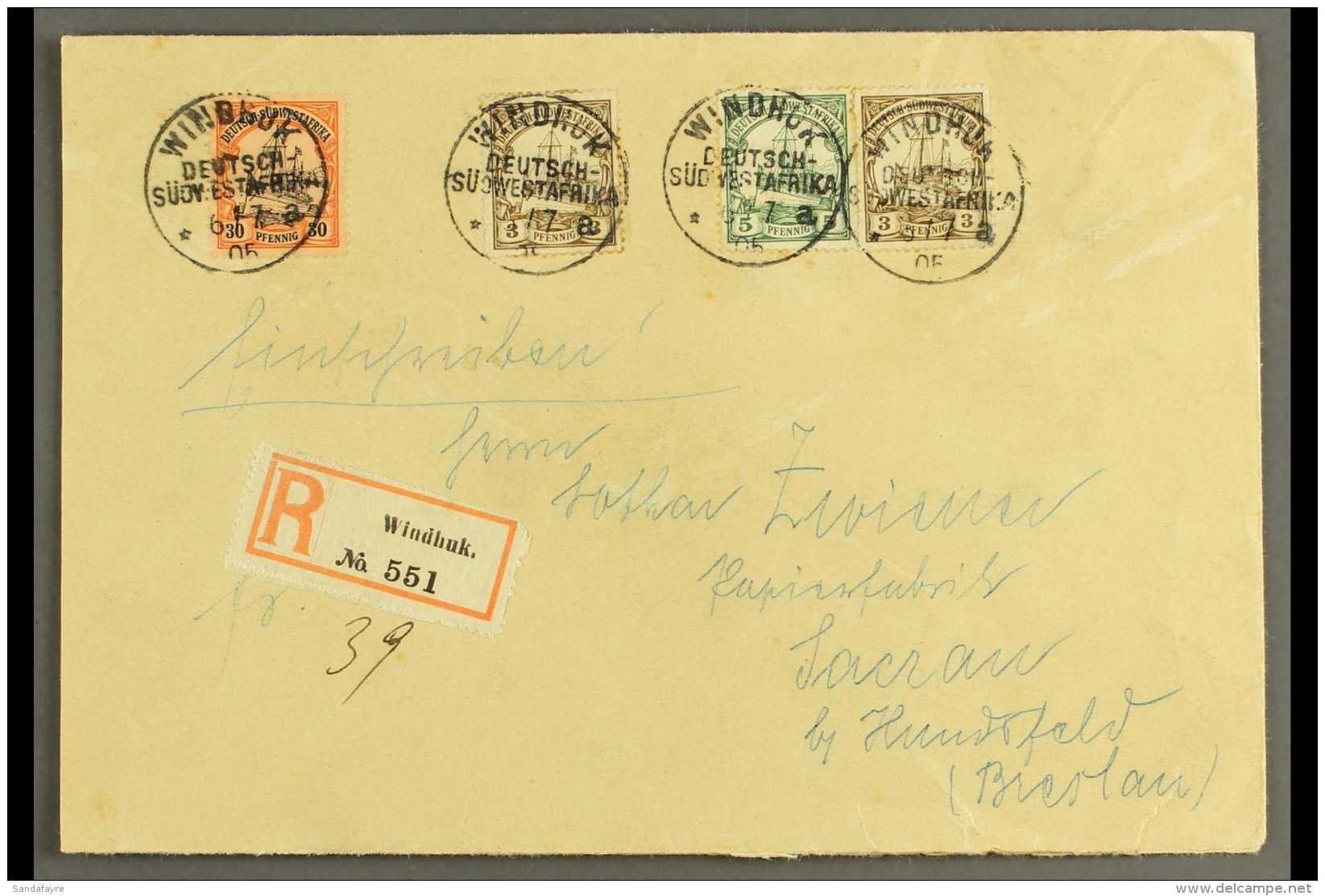 SOUTH WEST AFRICA 1905 (6 Jul) Reg Cover To Germany Bearing 3pf X2, 5pf, And 30pf "Yachts" With These Each Tied By... - Other & Unclassified