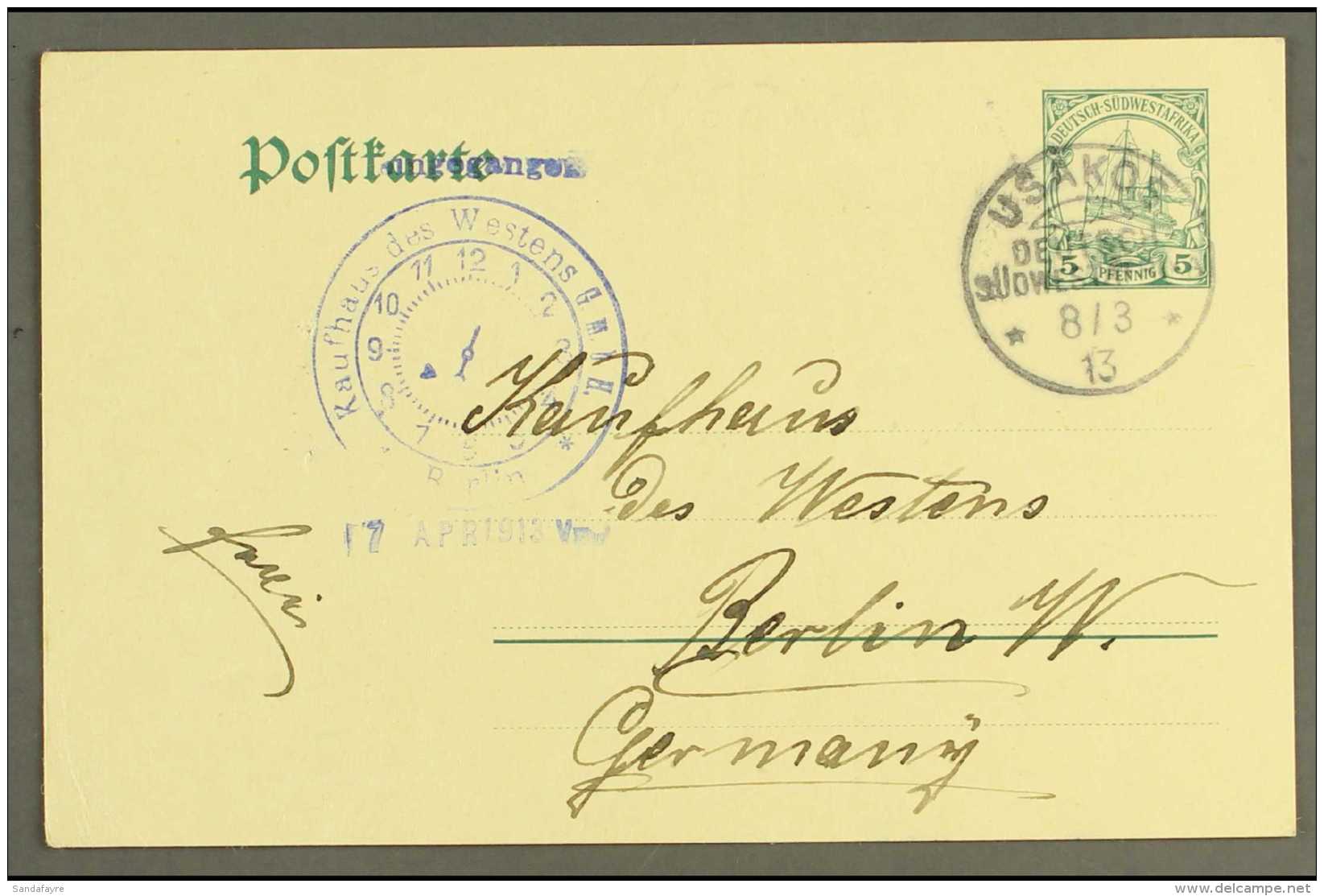 SOUTH WEST AFRICA 1913 (8 Mar) 5pf Postal Stationery Card To Germany Cancelled By Fine "USAKOS" Cds Postmark With... - Altri & Non Classificati