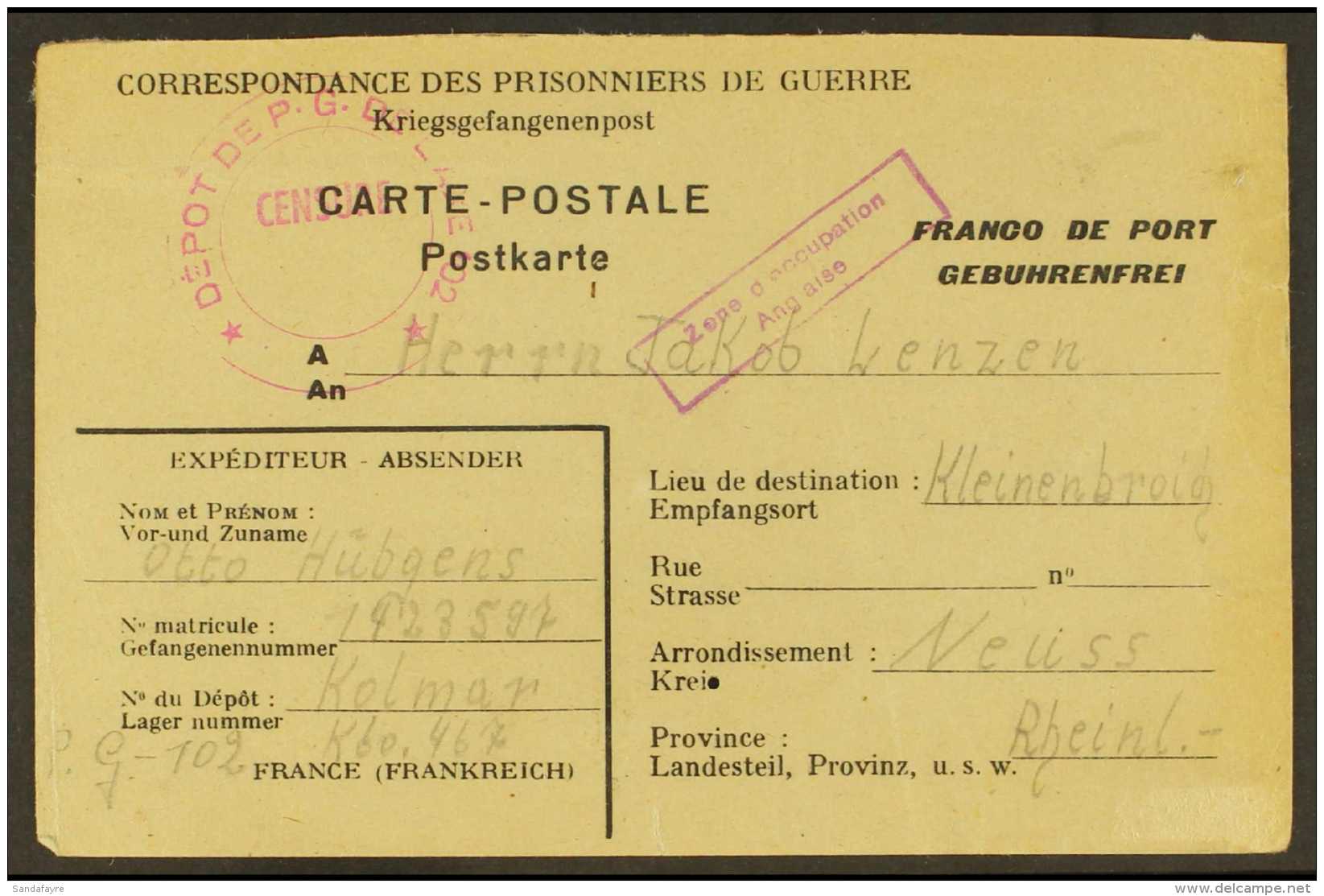 GERMAN POW'S IN FRANCE 1946 Printed Postcard To Germany Bearing Camp Censor Cachet "102" From Colmar In The Vosges... - Altri & Non Classificati