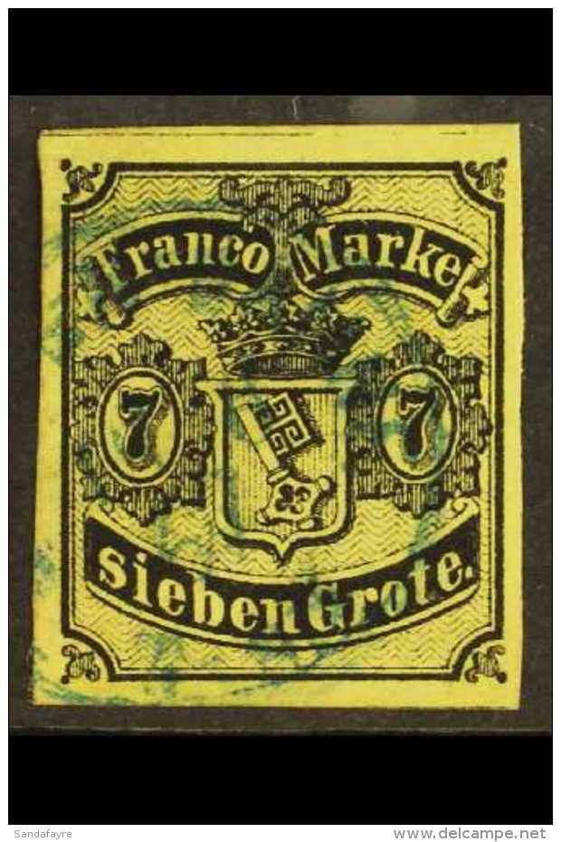 BREMEN 1860 7Gr Black On Yellow (thick Paper), Mi 3a, Superb Used With Large Margins All Round And Neat Blue Cds... - Altri & Non Classificati