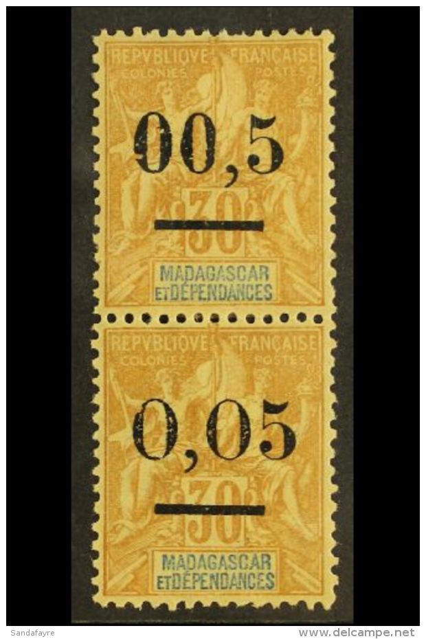 MADAGASCAR 1902 "0,05" On 30c , Vertical Pair, Upper Stamp Variety "00,5", Yv 52d+52 For More Images, Please Visit... - Altri & Non Classificati