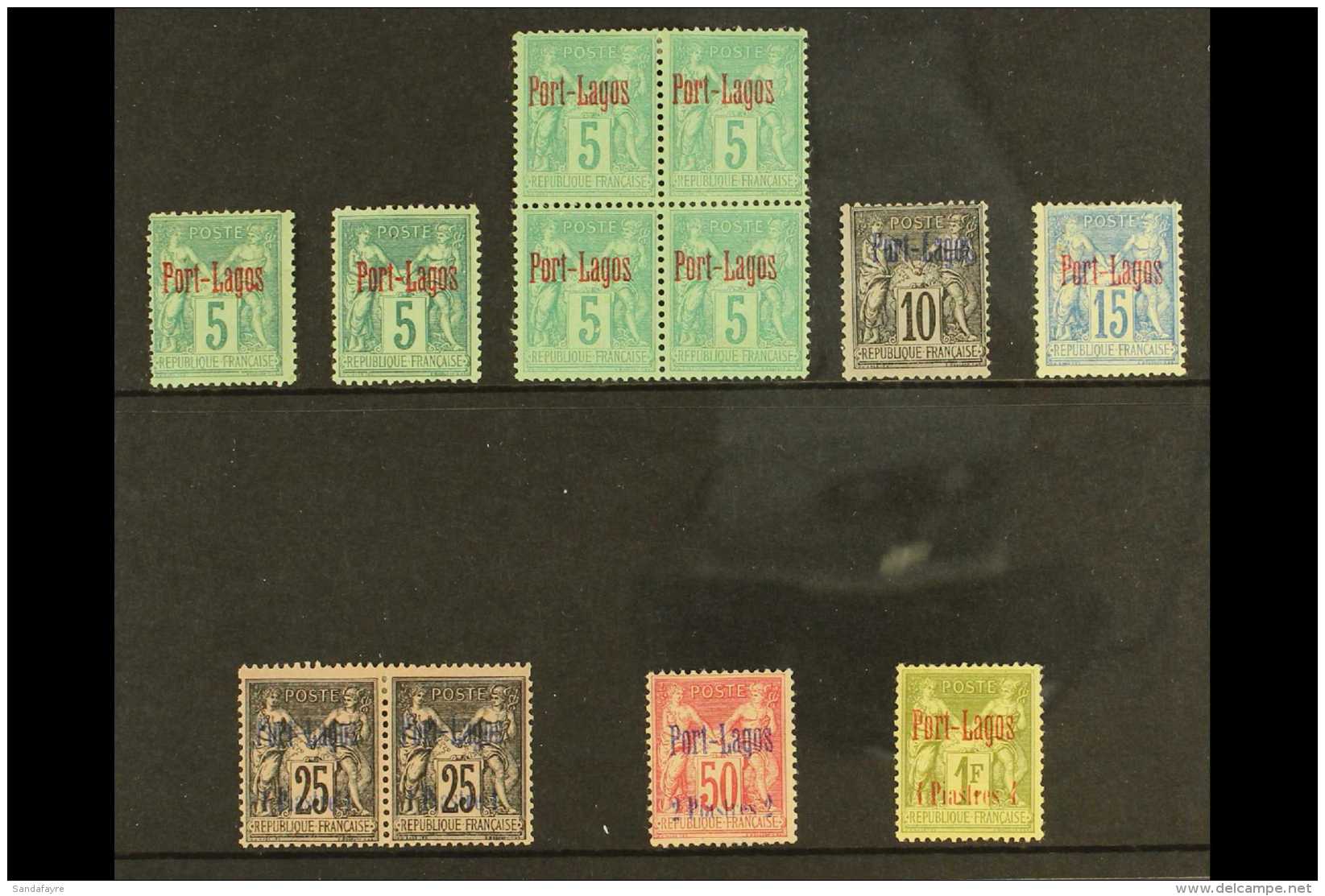 FRENCH LEVANT - PORT LAGOS 1893 MINT Definitive Set On A Stock Card, Yv 1/6, Includes 5c Singles And Block Of... - Altri & Non Classificati