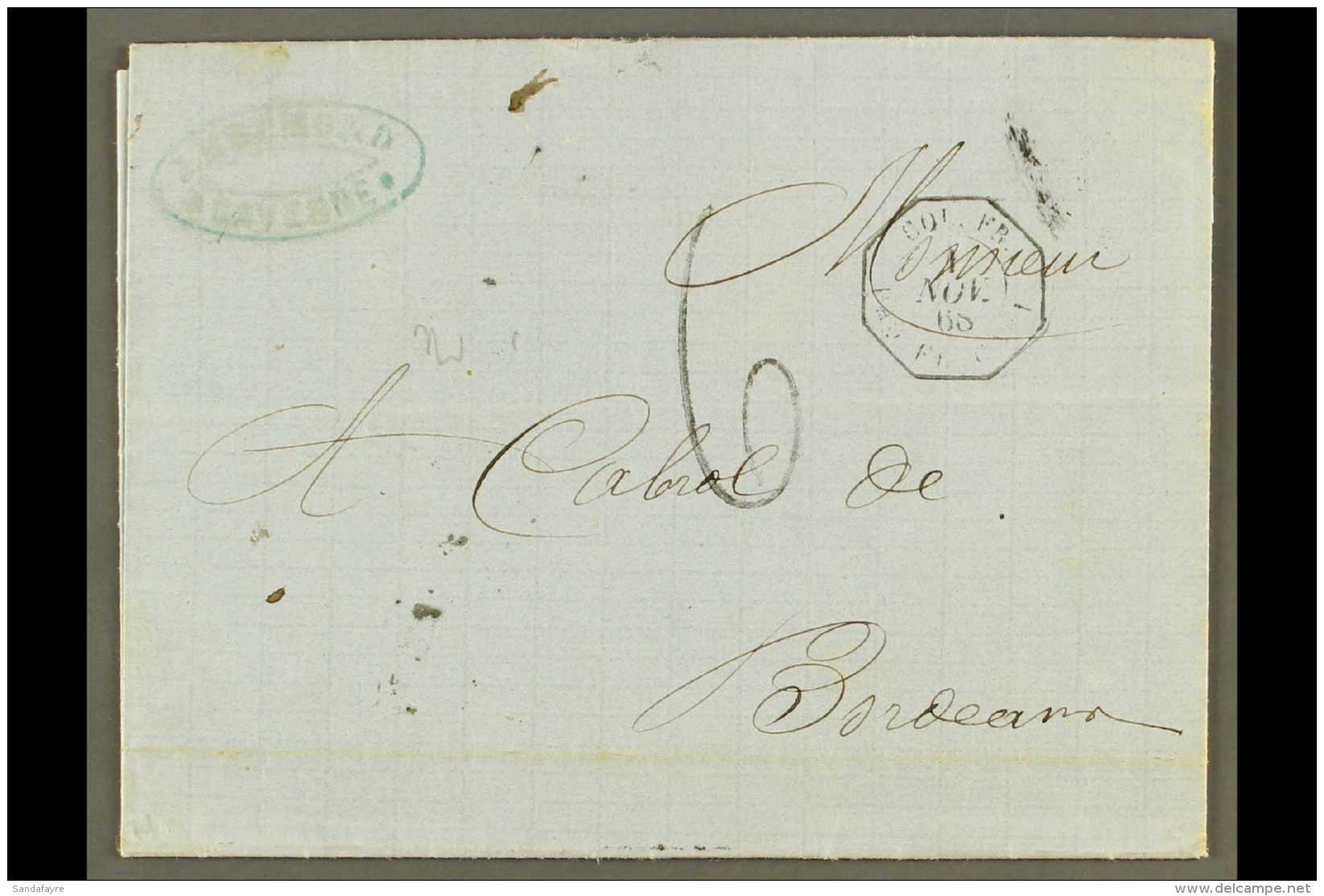 FRENCH GUIANA 1868 (1 Nov) Stampless Entire Letter Cayenne To Bordeaux, Bearing Octagonal "Col. Fr. Paq. Fr. C No... - Otros & Sin Clasificación