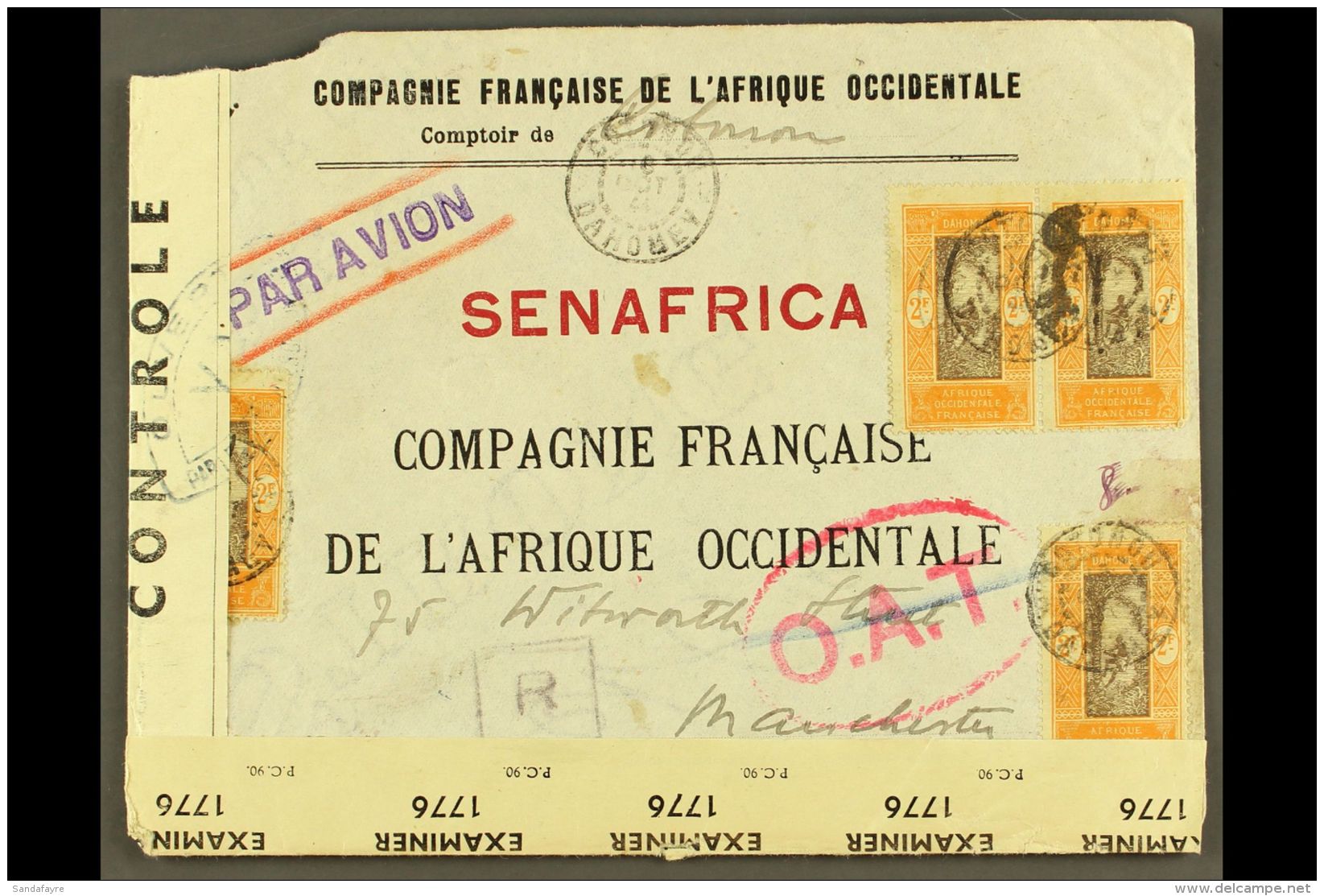 DAHOMEY 1944 (6 Oct) Air Censored Cover To England, Bearing 2f (x4) Stamps Tied By "Cotonou" Cds's, With French... - Altri & Non Classificati