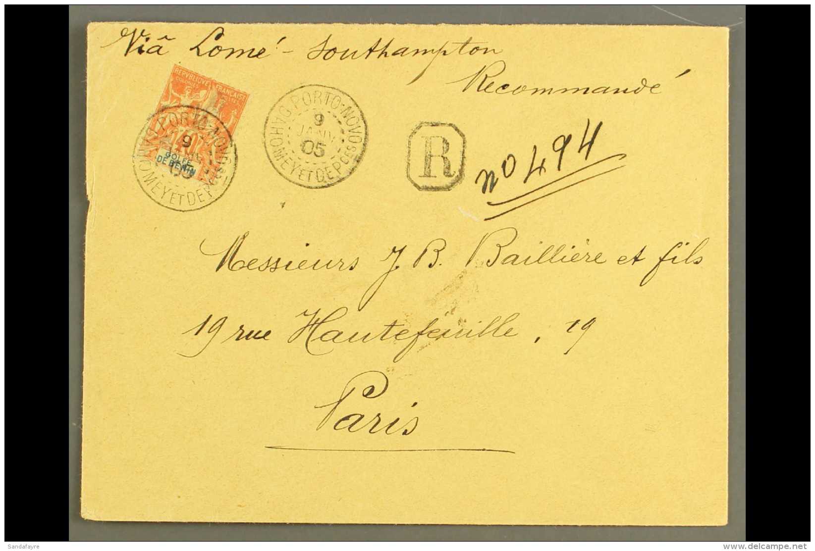 BENIN 1905 (9 Jan) Reg Cover To Paris Bearing Golfe De Benin 1893 40c Red-orange, Yvert 29, Tied By Fine... - Altri & Non Classificati