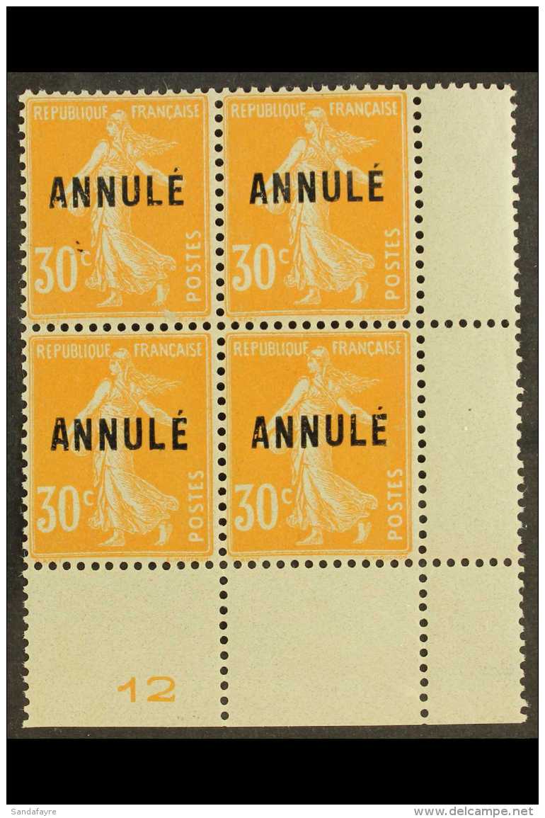 COURS D'INSTRUCTION 1911 30c Orange Sower With "ANNULE" Overprint, Yvert 141-CI 1, Fine Never Hinged Mint Corner... - Altri & Non Classificati