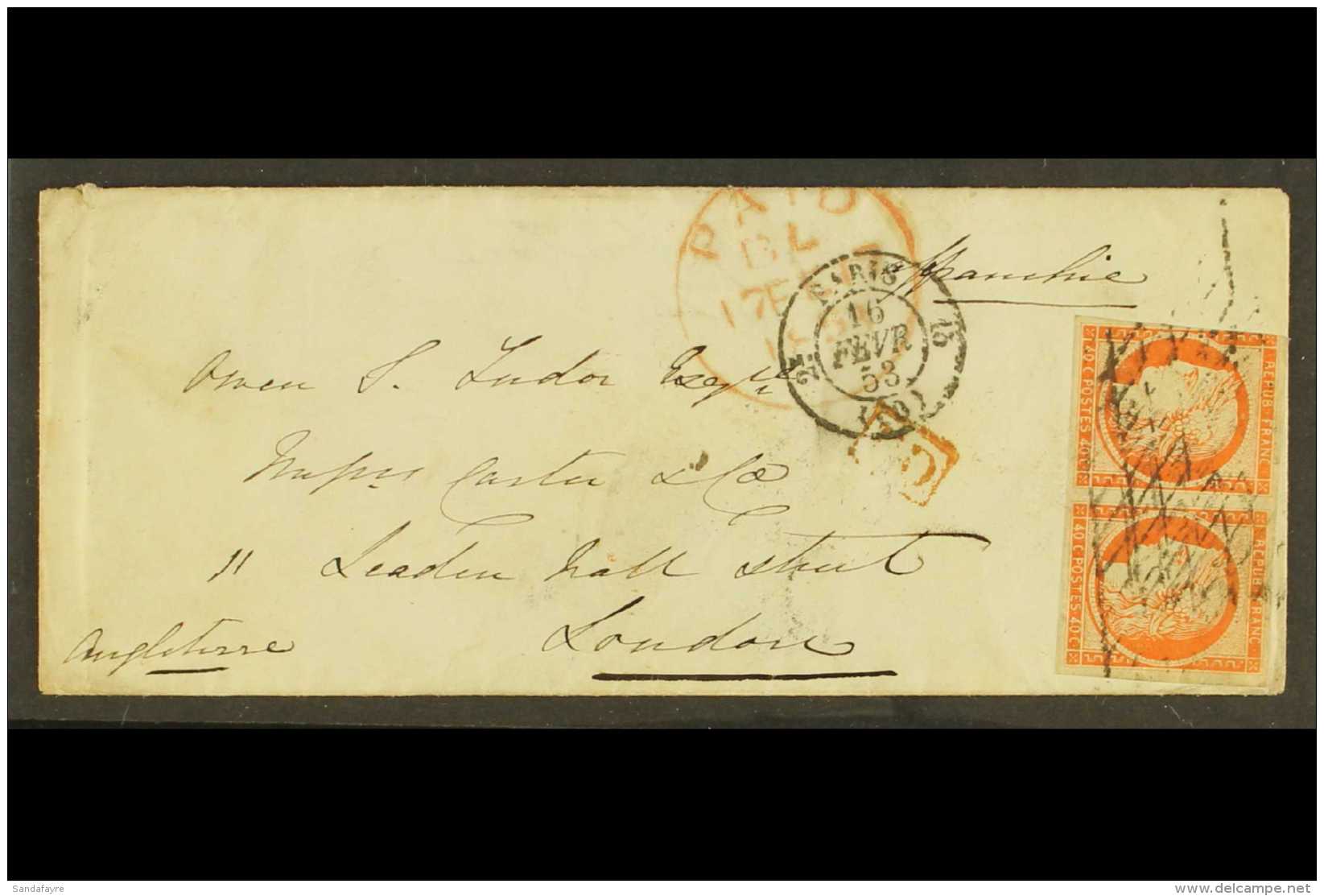 1853 (16 Feb) Cover To London Bearing 1849-52 40c Orange Pair (Yvert 5, SG 14) Tied By Grill Cancels, With Large... - Altri & Non Classificati