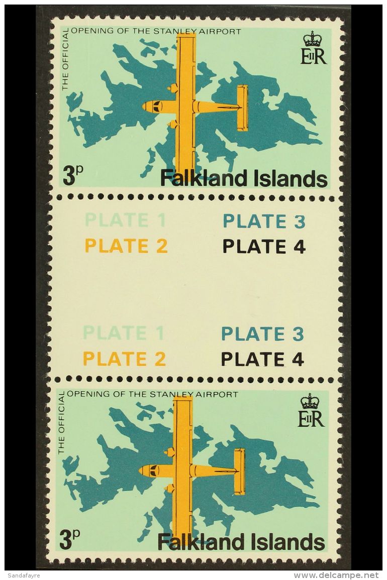 1979 3p Stanley Airport WATERMARK CROWN TO RIGHT Variety, SG 360w, Very Fine Never Hinged Mint Vertical 'Plate'... - Falkland