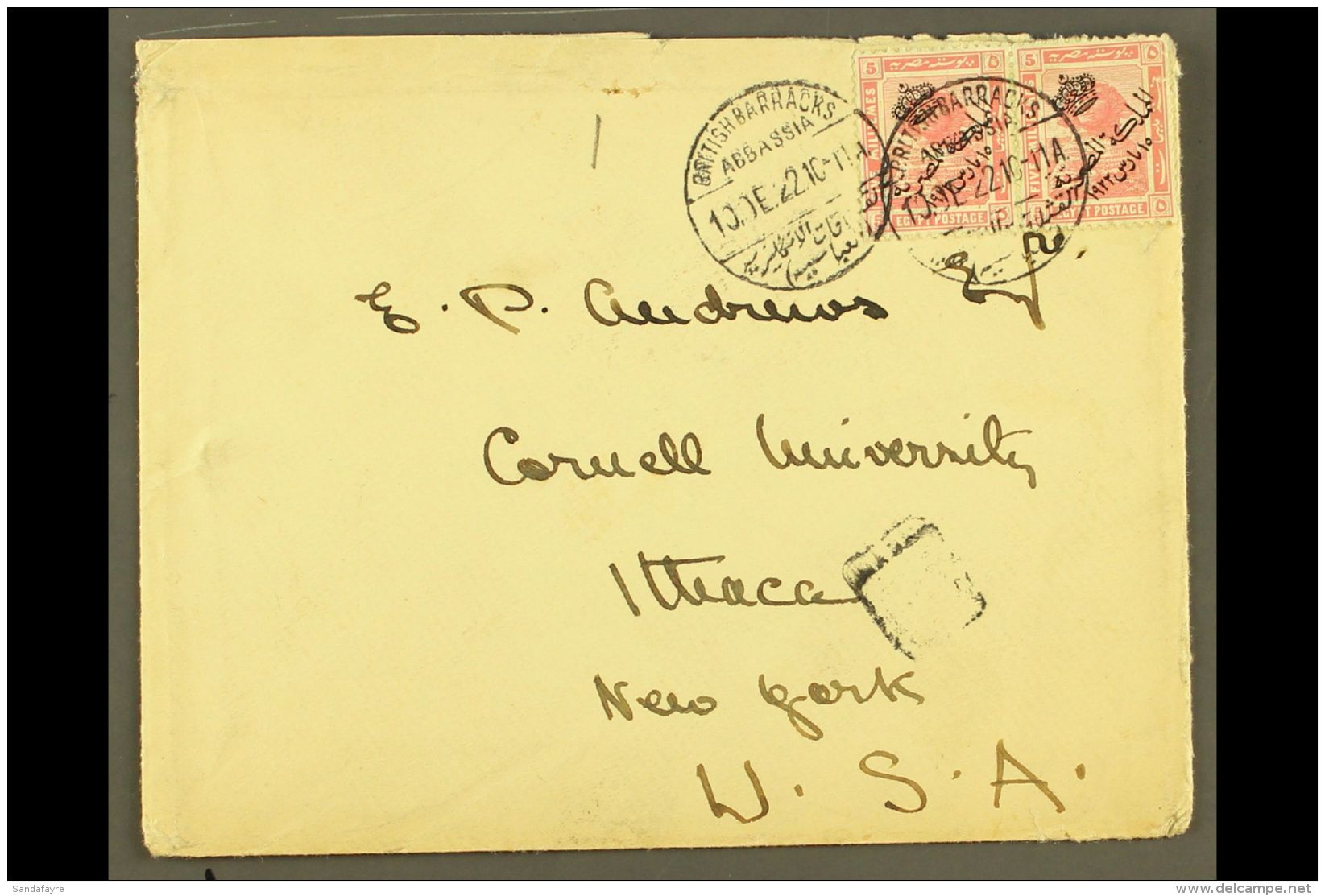 BRITISH FORCES IN EGYPT 1922 Cover To USA, Franked With 1922 5m Pink "Kingdom" Ovptd Pair, Cancelled By "British... - Altri & Non Classificati