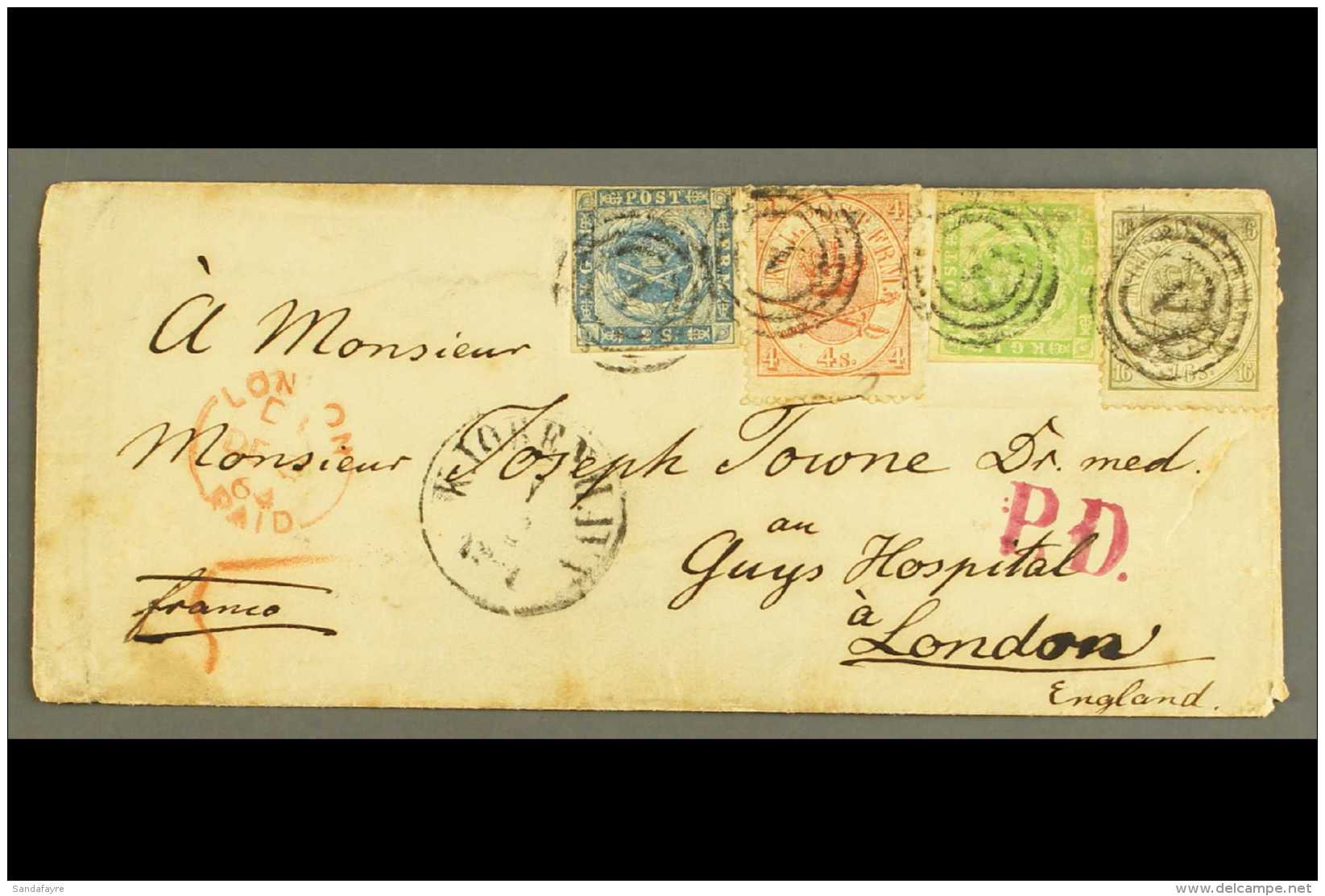 1864 FOUR - COLOUR 30 SKILLING FRANKING. 1864 (Dec) Env Addressed To London, Bearing 1854-57 2s &amp; 8s Dotted... - Altri & Non Classificati