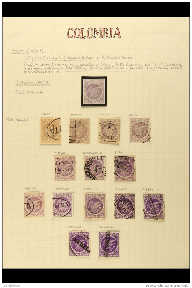 1876-84 5c "CONDOR" POSTMARKS COLLECTION Beautifully Presented And Written Up On Album Pages With A Big Range Of... - Colombia