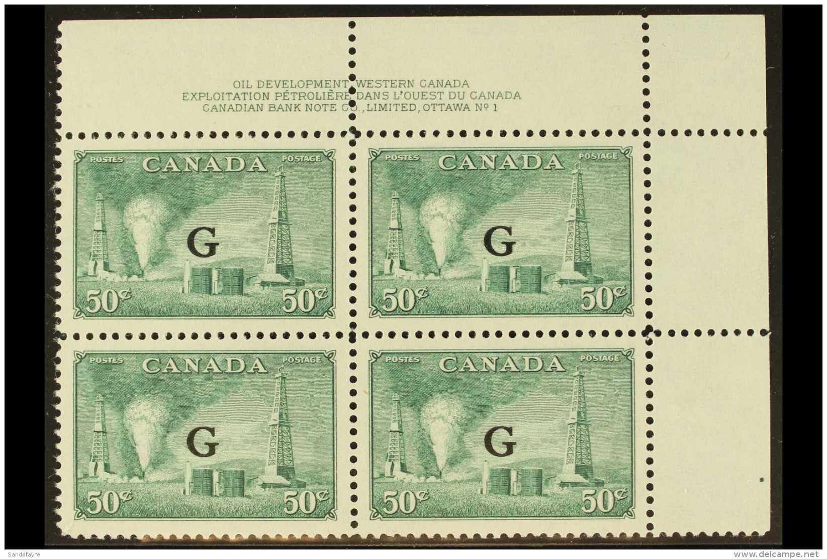 OFFICIALS 1950-51 50c Green Oil Wells (SG O188) - An Upper Right Corner PLATE BLOCK OF FOUR, Very Fine Never... - Altri & Non Classificati