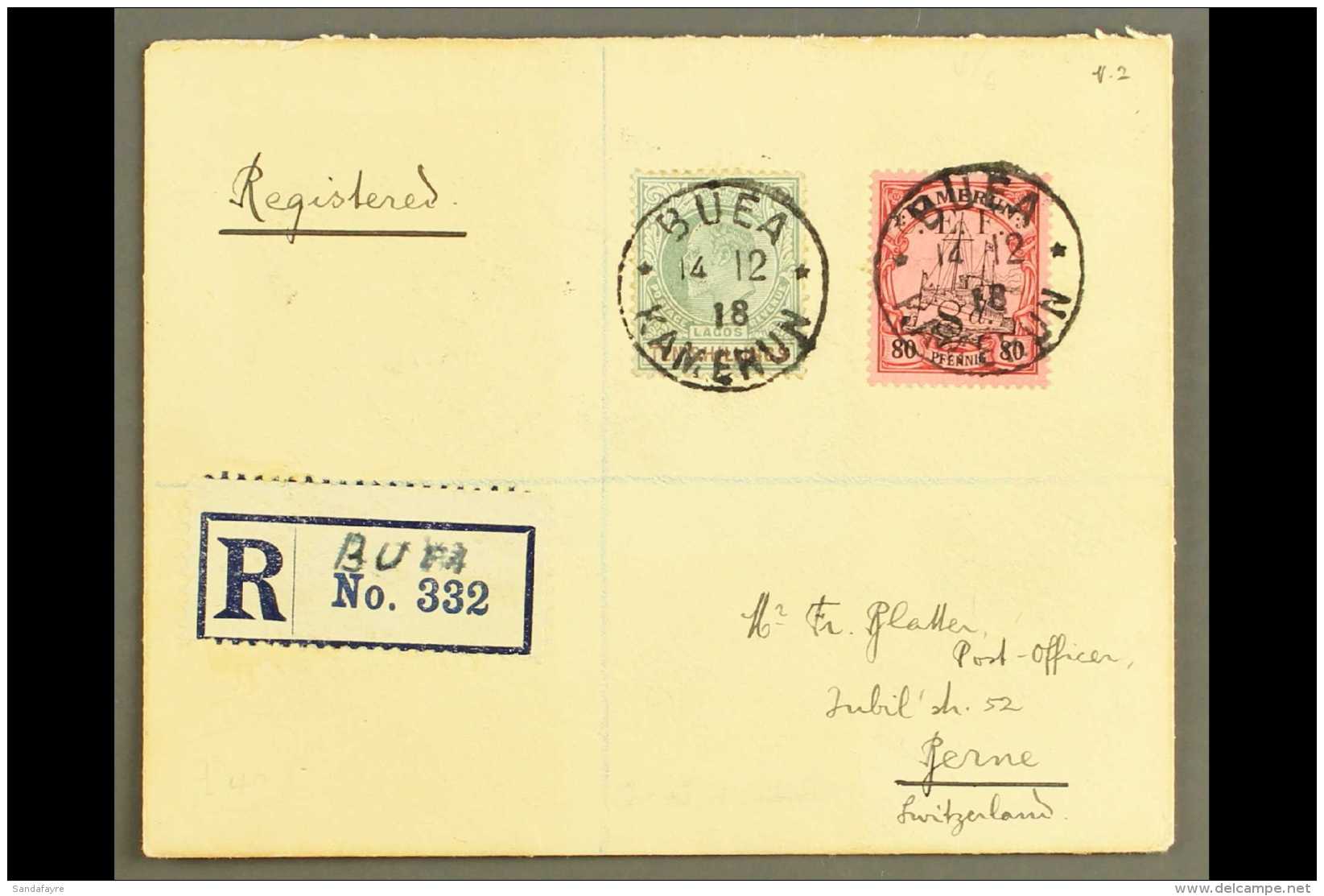 1918 Registered Cover To Switzerland Franked CEF 8d On 80pf Plus Lagos 1906 Ed VII 10s (SG 63), Tied By Buea... - Altri & Non Classificati