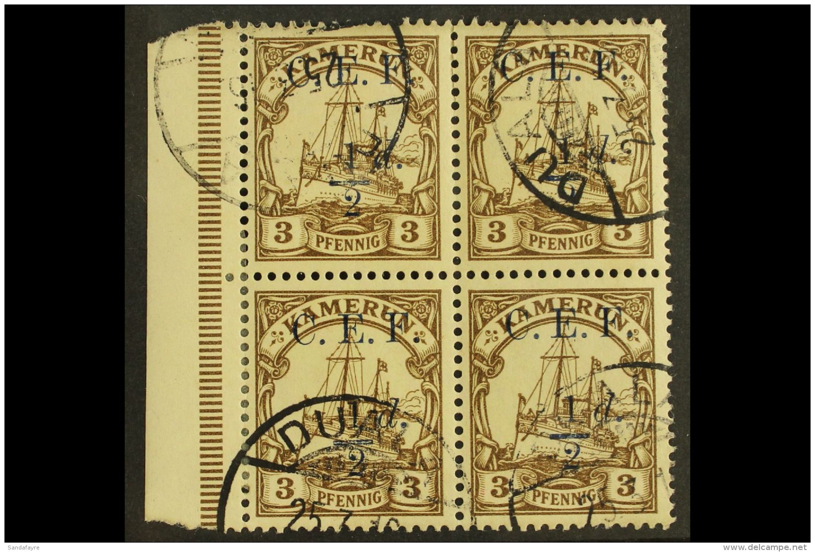 1915 &frac12;d On 3pf Brown, SG B1, Fine Used Marginal Block Of 4. For More Images, Please Visit... - Altri & Non Classificati