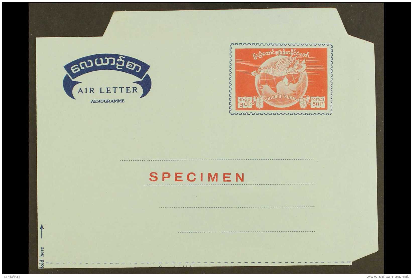 1961 50p Aerogramme Watermarked "M" (Higgins And Gage FG9), Overprinted "SPECIMEN", Very Fine Unused. Scarce -... - Birmania (...-1947)