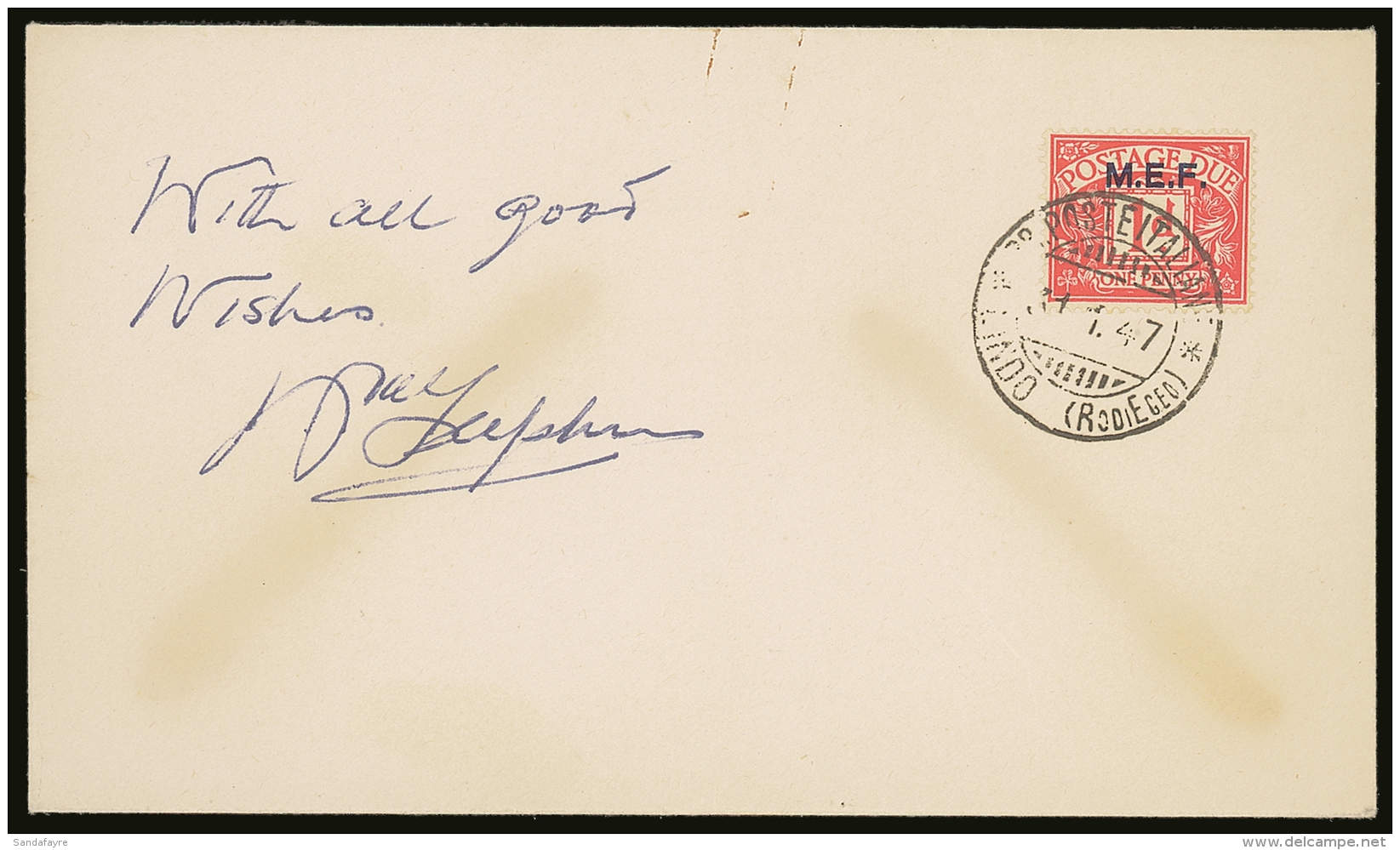 MEF (AEGEAN ISLANDS COVER) 1942 1d Red Postage Due, Sass 2, Very Fine Used On Philatelic Cover Tied By LINDO (RODI... - Africa Orientale Italiana