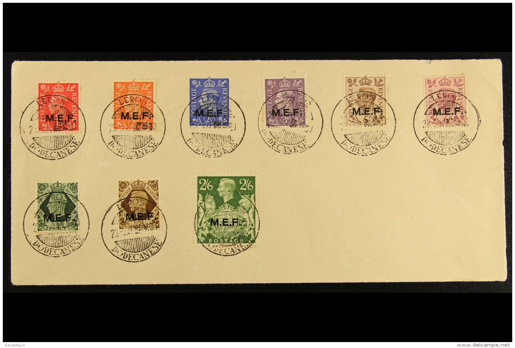 LEROS - DODECANESE ISLANDS MEF Overprint Set To 2s 6d Used On Unaddressed Cover, Sass 6-14, Tied By LEROS... - Africa Orientale Italiana