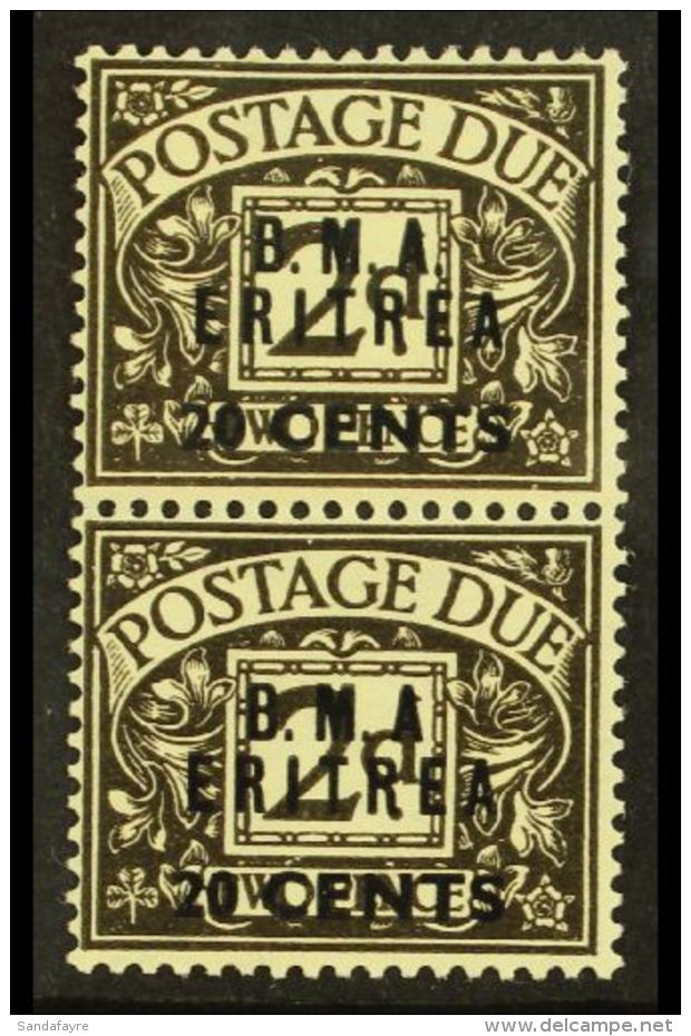 ERITREA POSTAGE DUES - 1938 20c On 2d Agate, Pair One Showing Variety "No Stop After A", SG ED3 + ED3a, Very Fine... - Africa Orientale Italiana