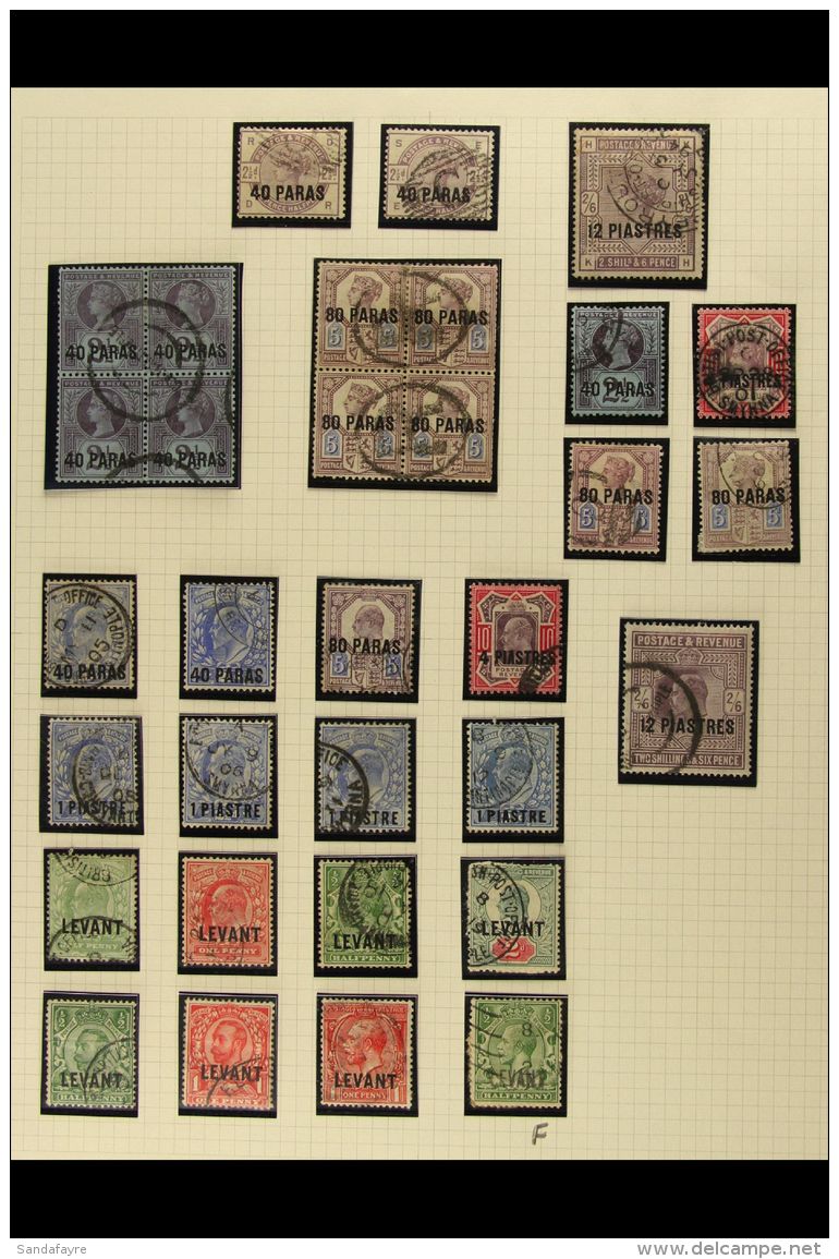 1885-1921 USED COLLECTION In Hingeless Mounts On Leaves, Inc 1885-88 To 12pi (x3), Plus 40pa On Cover, 1902-05 Set... - Levante Britannico