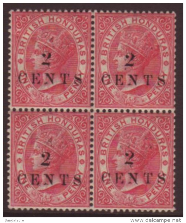 1888 2c On 1d Rose Showing Light INVERTED OFFSET Of The Surcharge On Face, SG 27var, Mint BLOCK OF FOUR With 3... - Honduras Britannico (...-1970)