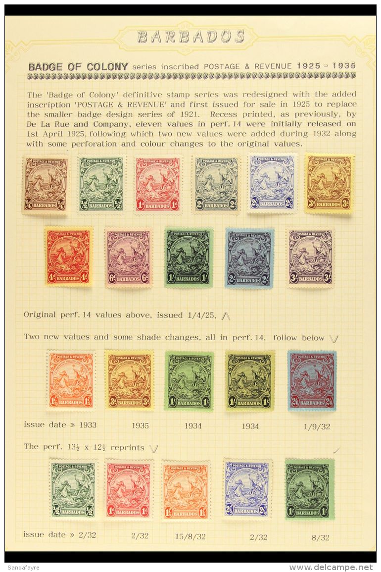 1925-35 Complete Set SG 229/39, Plus Shades And Perf 13&frac12; X 12&frac12; To 1s, Neatly Presented On A Typed... - Barbados (...-1966)