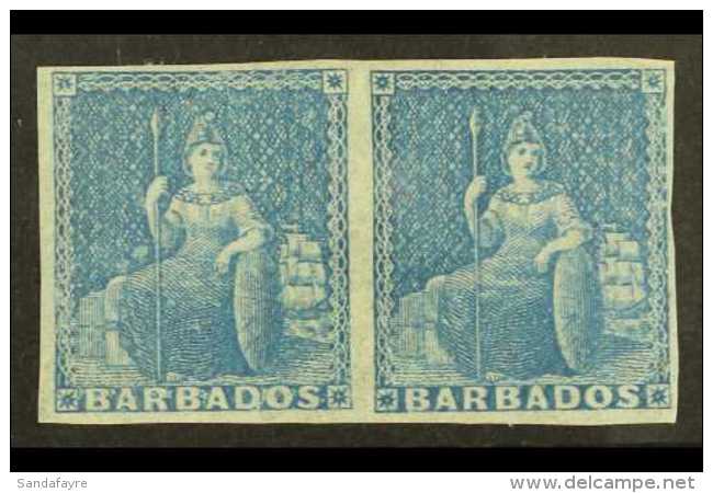 1852-55 (1d) Blue, SG 3, Very Fine Mint PAIR With 4 Margins (close At Right). Fresh! For More Images, Please Visit... - Barbados (...-1966)