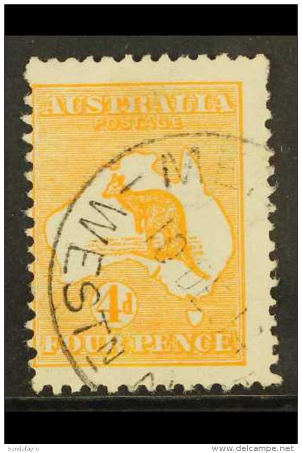1913-14 4d Orange-yellow, SG 6a, Fine Used, Centered To Left. A 'tall' Example Displaying 'jump' Perfs At Top,... - Altri & Non Classificati