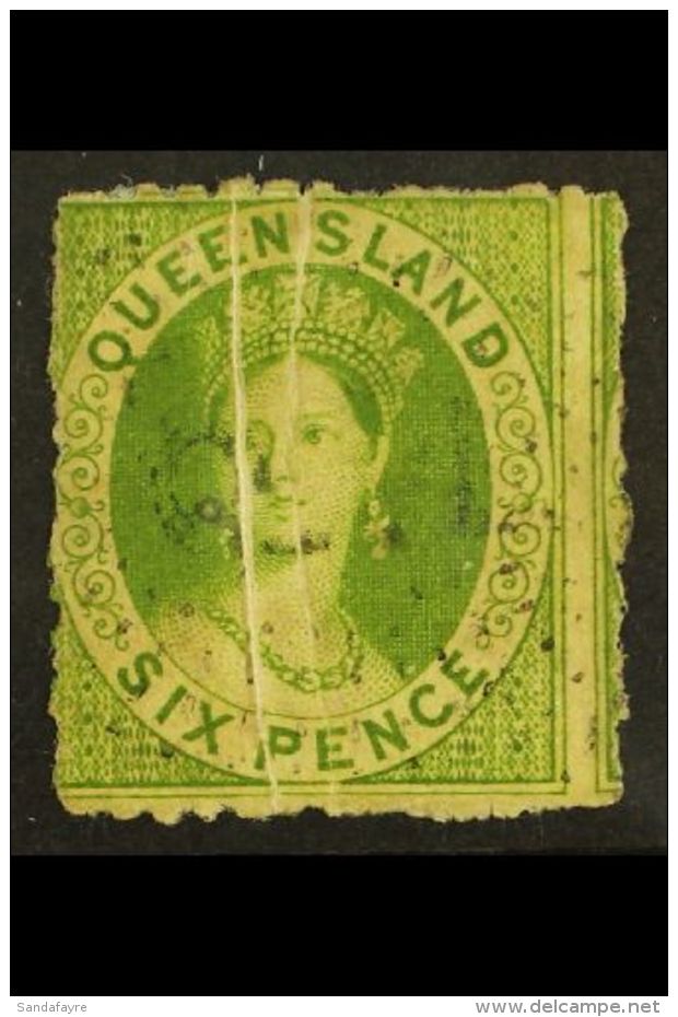 QUEENSLAND 1862-7 6d Yellow-green, No Watermark, Pre-printing Paper Creases Variety Leaving Two Unprinted White... - Altri & Non Classificati