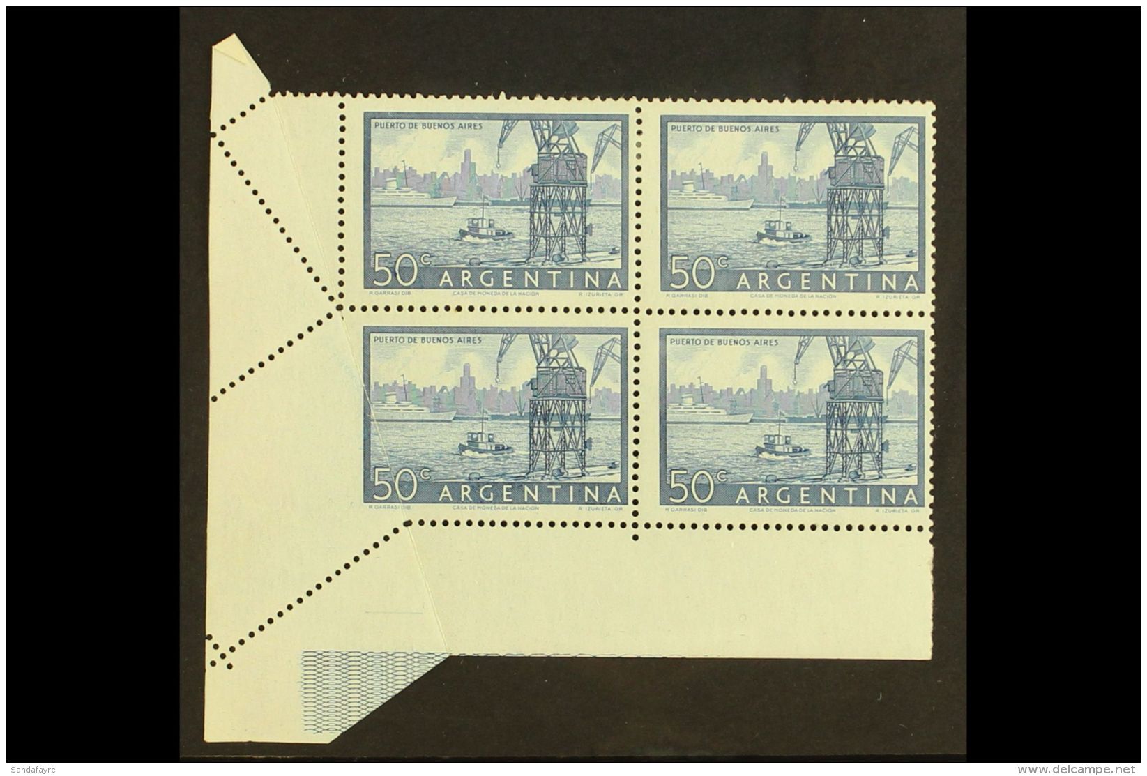 1954-59 50c Blue Buenos Aires Harbour Recess (Scott 632, SG 868), Fine Mint Corner BLOCK Of 4 Showing A Dramatic... - Altri & Non Classificati