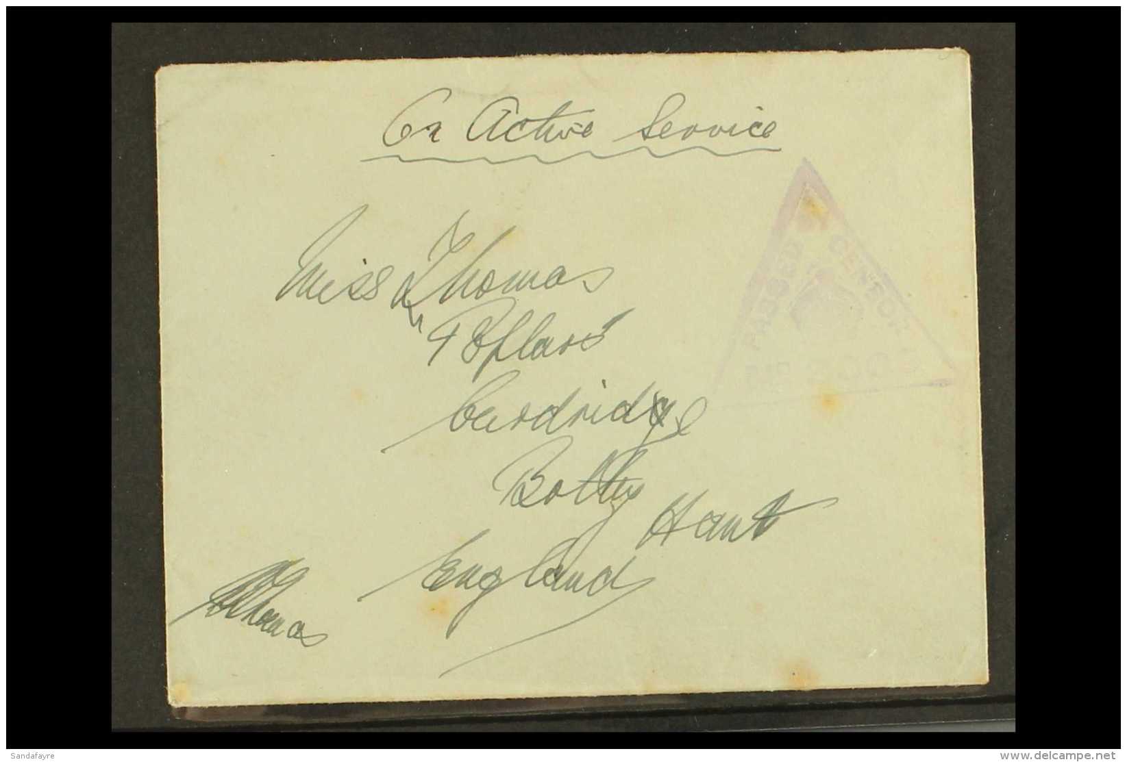 1918 (6 Jan) Stampless 'On Active Service' Cover Addressed To Hampshire, Showing Triangular Censor Cachet And... - Aden (1854-1963)