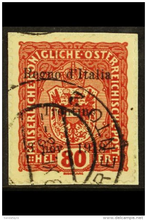 WWI TRENTINO - ALTO ADIGE 1918 80h Red Brown, Sass 13, Very Fine Used Tied To Small Piece By Neat Cds, Signed... - Non Classificati