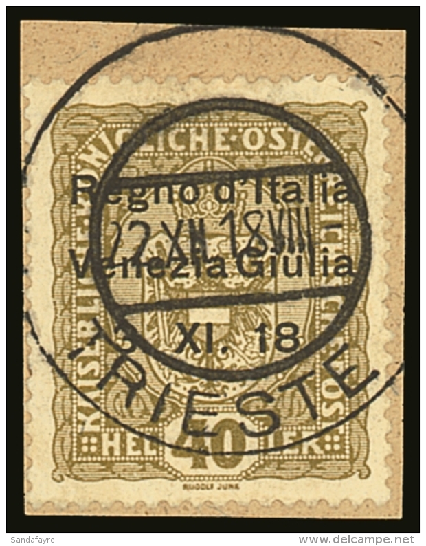 WWI - ITALY VENEZIA GIULIA - 1918 40h Olive, Ovptd "Regno D'Italia", Sass. 10, Superb Tied On Piece With 22 Dec 18... - Non Classificati