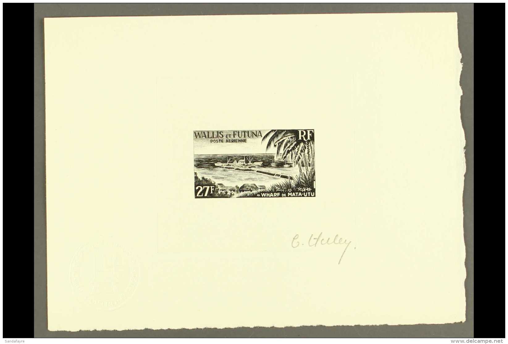 SHIPS Wallis Et Futuna 1965 27f 'Wharf' Air Stamp SUNKEN DIE PROOF Printed In Black On Card, As Yvert 23, Signed... - Non Classificati