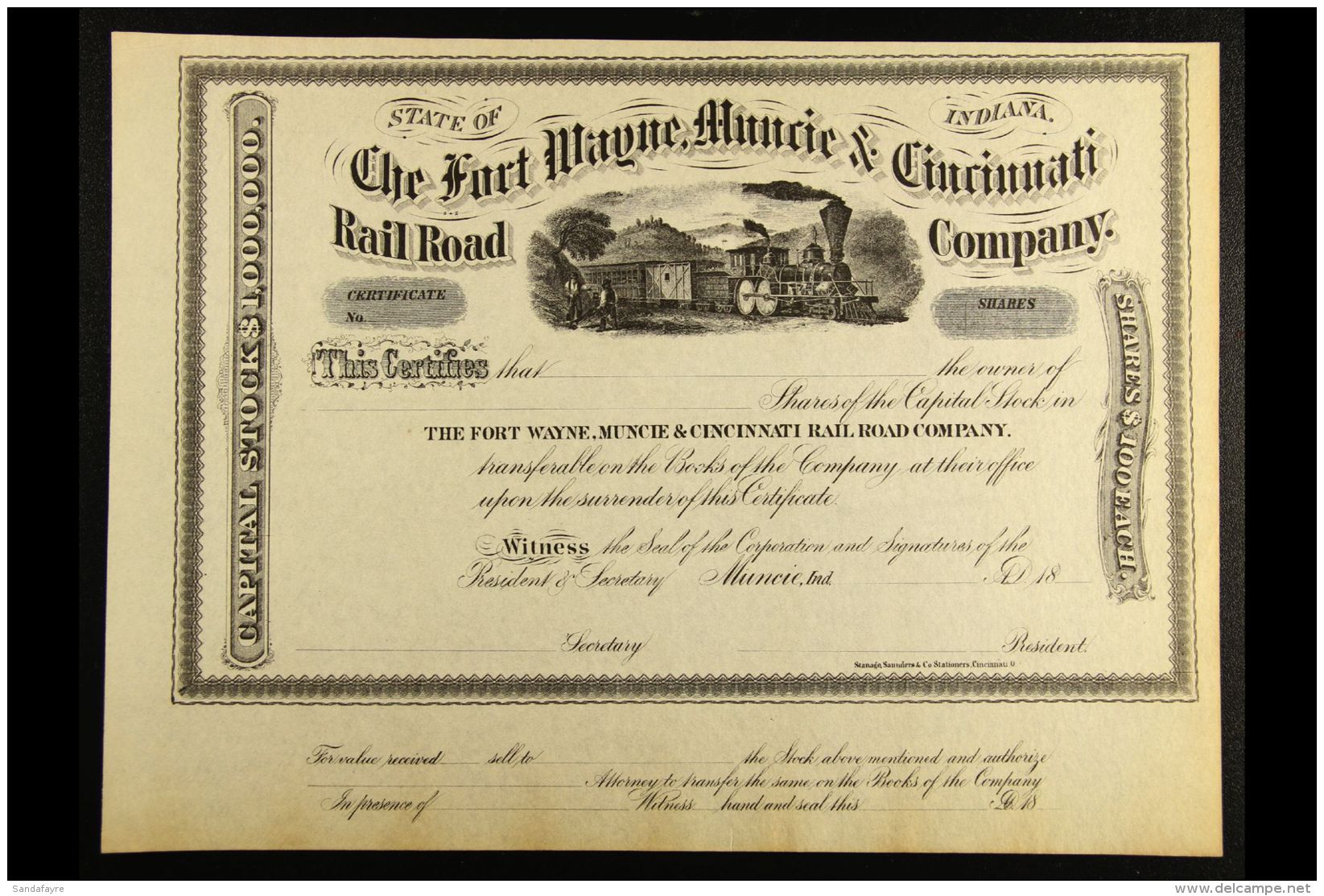 RAILWAY BEAUTIFUL SHARE CERTIFICATE (dated "18__") Unused For $100 Shares In The The Fort Wayne, Muncie &amp;... - Non Classificati