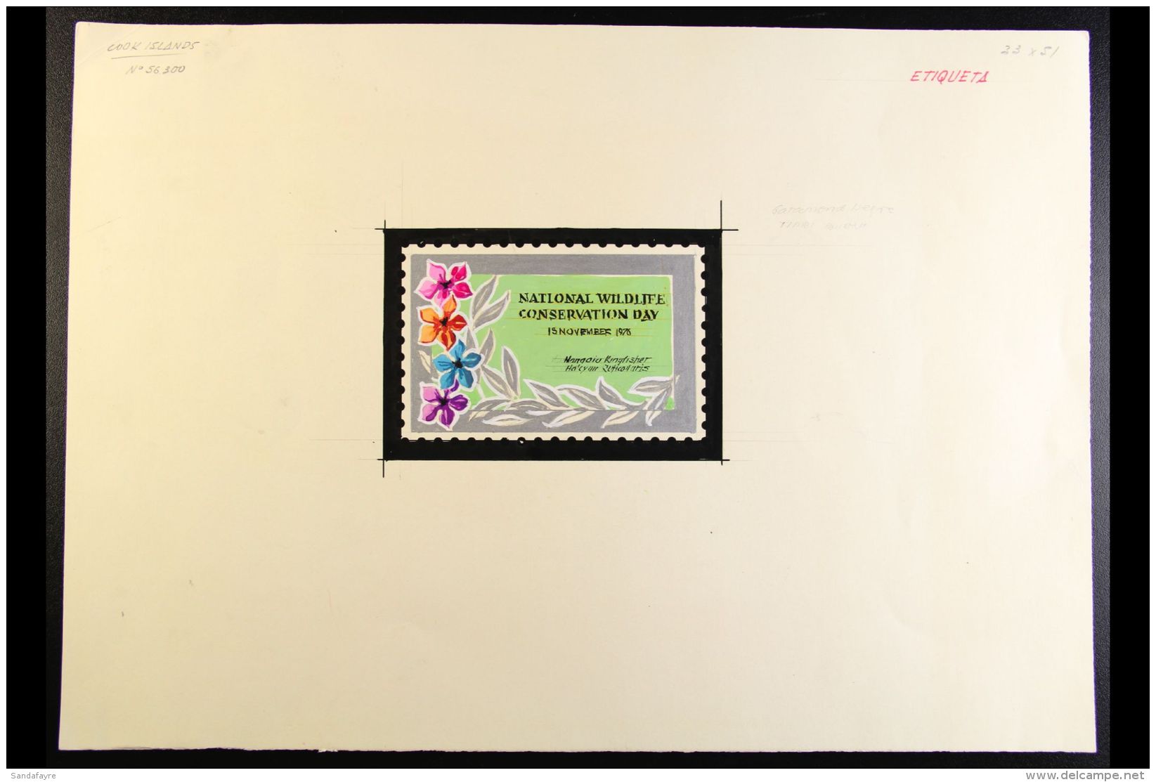 ORIGINAL ARTWORK For The Cook Islands 1976 National Wildlife And Conservation Day Sheetlet Label, SG 563, A... - Altri & Non Classificati