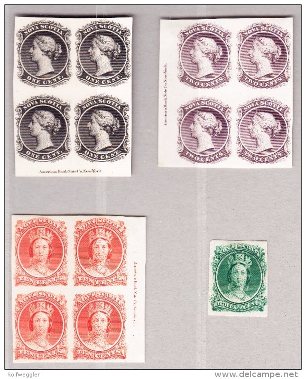 Kanada Neuschotland 1860 Probedruck 1, 2 Und 10c Im Viererblock Und 8c Einzel - Unused Stamps