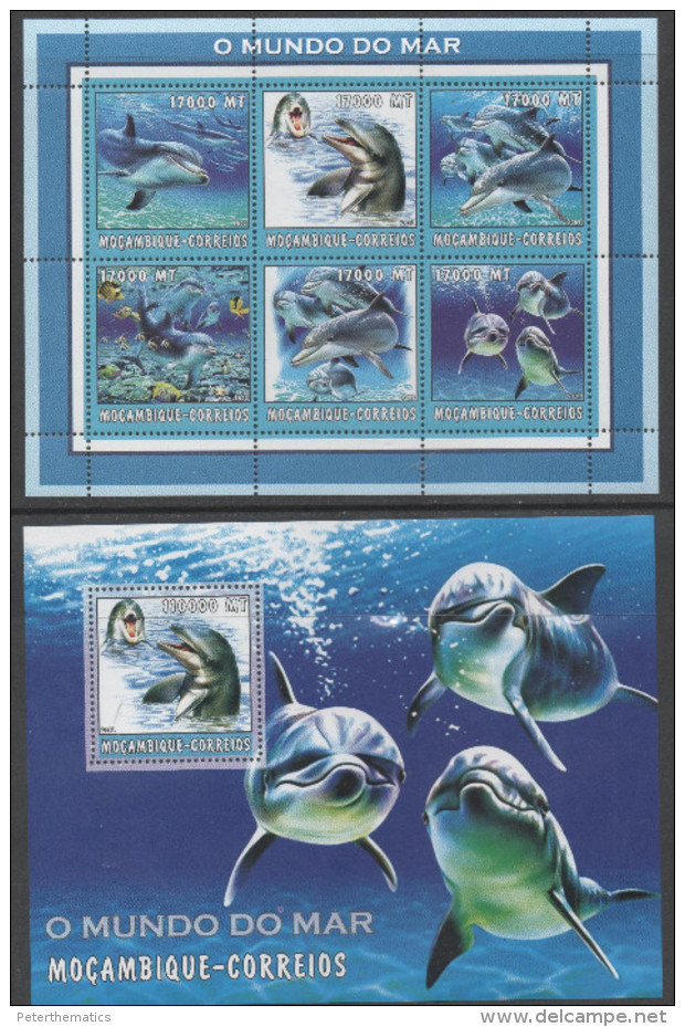 MOZAMBIQUE , 2002, MNH, MARINE LIFE, CETACEANS, DOLPHINS, SHEETLET + S/SHEET , NICE OFFICIAL ISSUE! - Dolphins