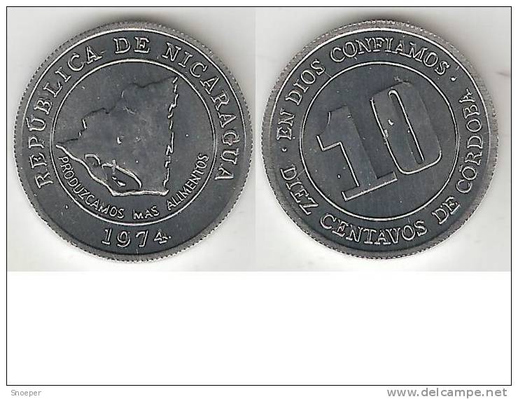 Nicaragua 10 Centavos 1974  Km 29    Bu !!!!! - Nicaragua