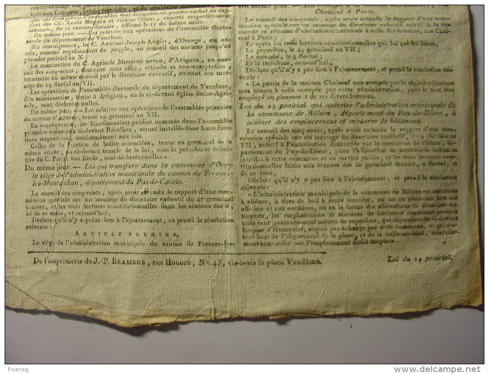LOIS De LA REPUBLIQUE AN VII (1798) NANTES EGORGEOIRS NIMES MOULINS MINE CUIVRE SAINT ETIENNE DE BAIGORRI OPPY DOUANES - Gesetze & Erlasse
