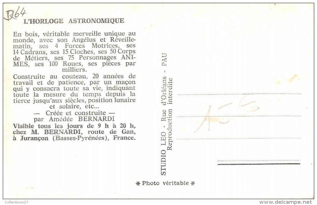 64-JURANCON- L'HORLOGE ASTRONOMIQUE , CREEE ET CONSTRUITE PAR Mr AMEDEE BERNARDI - Jurancon