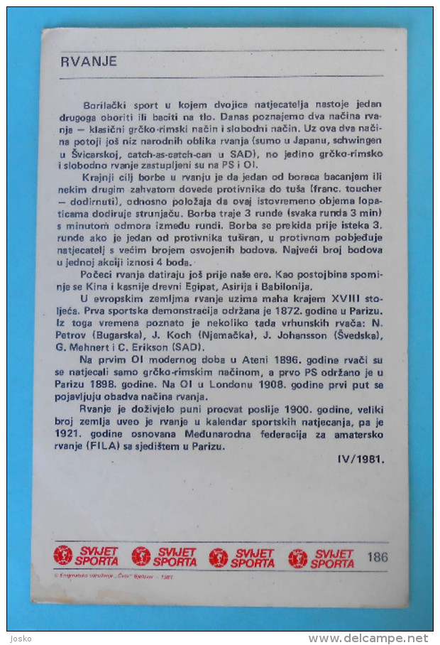WRESTLING ... IVICA FRGIC - Yugoslavia Vintage Card Svijet Sporta * LARGE SIZE * Lutte Lucha Ringen Lotta - Trading Cards