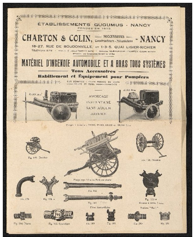 Prospectus - Sapeurs-pompiers – Matériel D'incendie Automobile Et A Bras Tous Systèmes - Nancy - Chaton Et Colin - Firemen