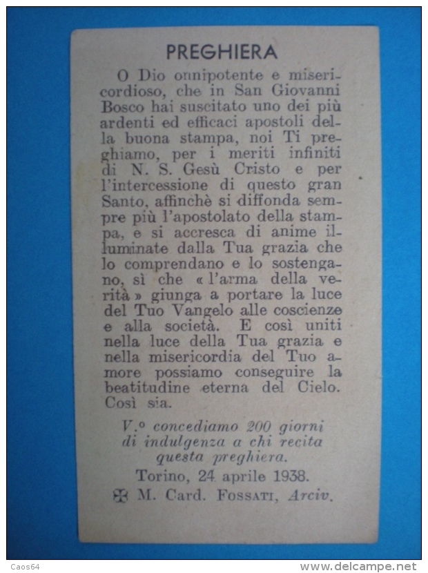 SANTINO SAN GIOVANNI BOSCO VI GIORNATA DEL QUOTIDIANO CATTOLICO 1938 - Santini