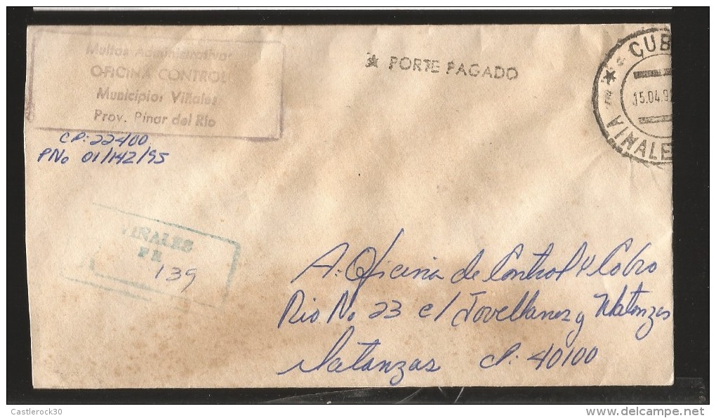 E)1995 CUBA, PREPAID PORTE, CLASSIC CIRCULATED COVER FROM VIÑALES TO MATANZAS, INTERNAL USAGE,  XF - Cartas & Documentos