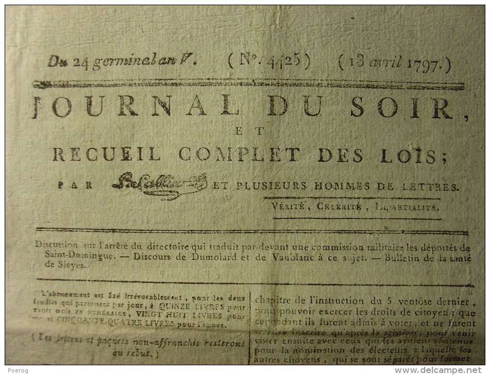 JOURNAL DU SOIR Du 13 AVRIL 1797 - DEPORTES DE SAINT DOMINGUE DISCOURS DUMOLARD VAUBLANC - SIEYES - INDEPENDANCE PADOUE - Gesetze & Erlasse