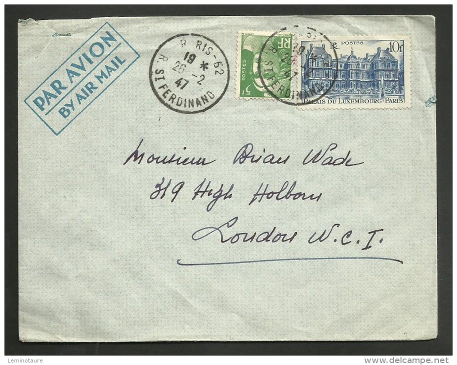 Lettre Avion Pour L'ANGLETERRE / PARIS 62 - 20.02.1947 / Affr. 5F Marianne De Gandon & 10F Palais Luxembourg - 1921-1960: Période Moderne