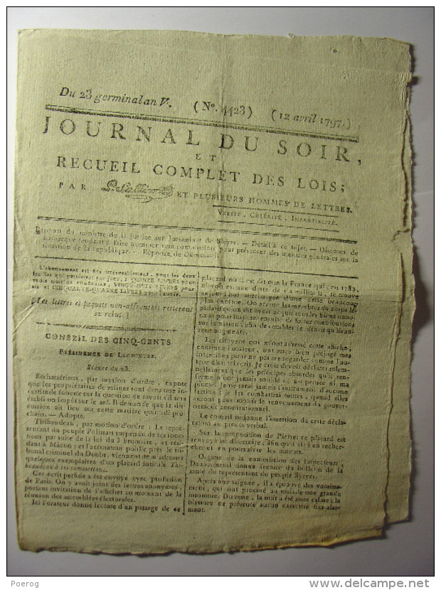 JOURNAL DU SOIR Du 12 AVRIL 1797 - ASSASSINAT DE SIEYES NE A FREJUS - DISCOURS LAMARQUE - SOULEVEMENT GRASSE VAR - Decretos & Leyes