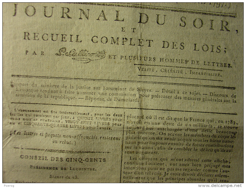 JOURNAL DU SOIR Du 12 AVRIL 1797 - ASSASSINAT DE SIEYES NE A FREJUS - DISCOURS LAMARQUE - SOULEVEMENT GRASSE VAR - Decrees & Laws