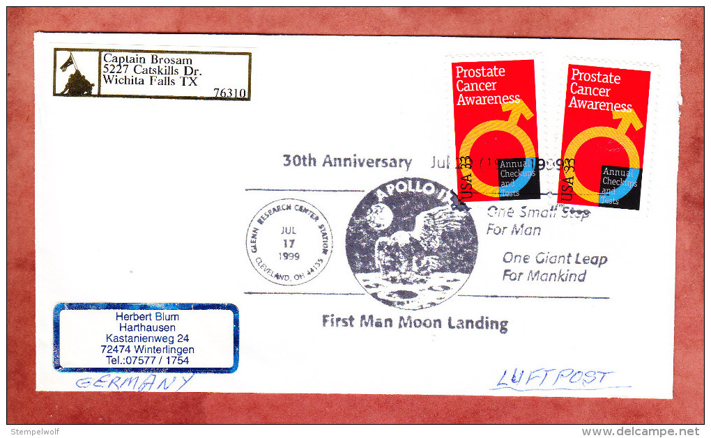 Luftpostbrief, MeF Prostate Cancer, SoSt First Man Moon Landing Cleveland, Nach Winterlingen 1999 (31274) - Estados Unidos