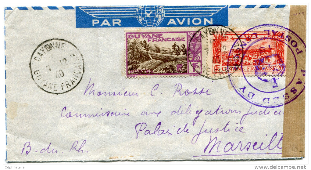 GUYANE LETTRE PAR AVION CENSUREE DEPART CAYENNE 7-12-40 GUYANE FRANCAISE POUR LA FRANCE - Brieven En Documenten